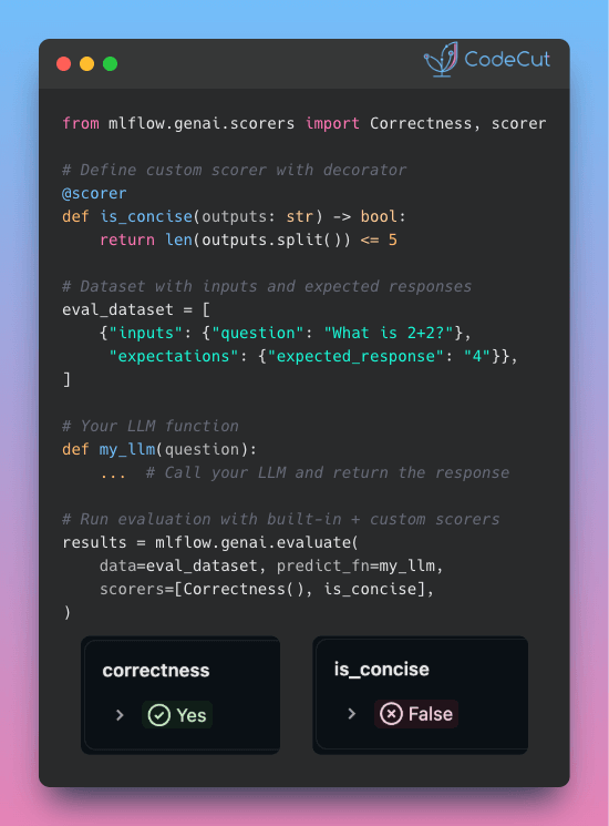 Code example: MLflow: Built-in Scorers for LLM Evaluation Without Custom Logic