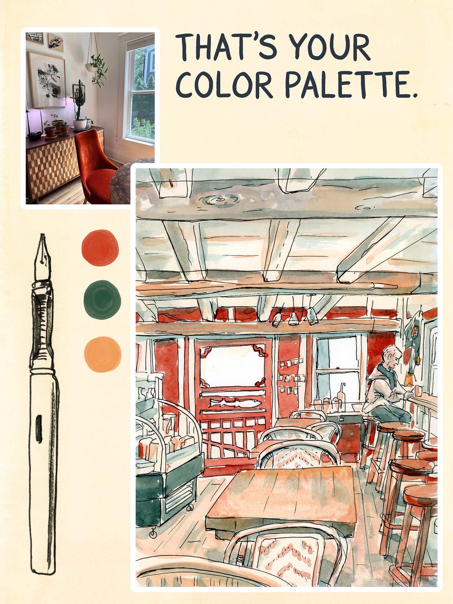 K.Woodman-Maynard, watercolor informational comic, color palettes. Text reads: “That’s your color palette.” 