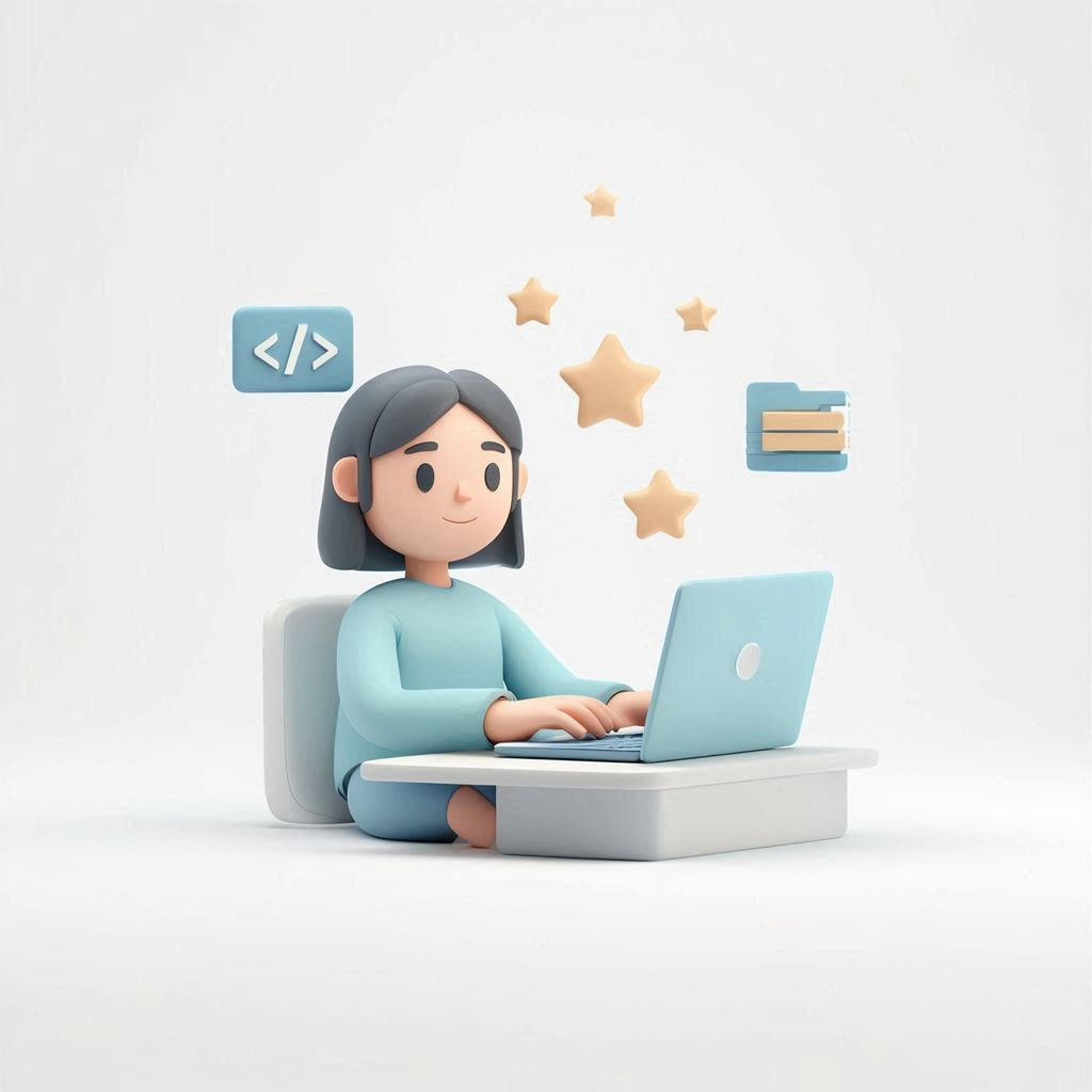 Minimalist illustration of a cute girl programmer 3D working on a laptop, white background, clean style, simple shapes, small floating icons representing code, repositories and stars, modern tech illustration, soft colors, minimal design.