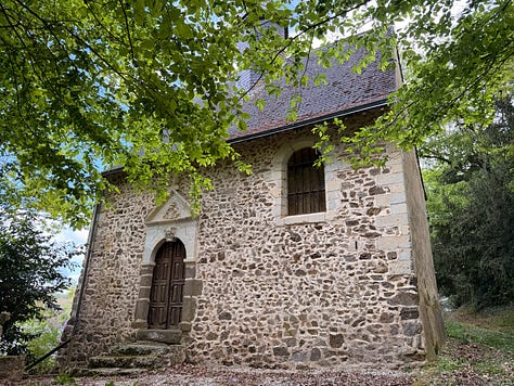 Three photographs side by side: a calm river running under leafy trees, a forest floor carpeted in blue bluebells with a distant figure walking a path through it, and a small stone chapel with an arched wooden door tucked among the trees.