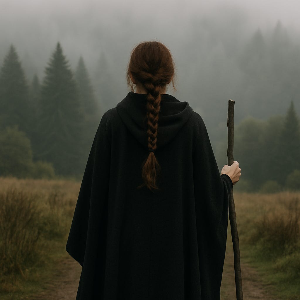 woman dressed in a black full length cape with a walking stick in her right hand facing away from viewer and walking through an open field toward a treeline of tall trees. it's foggy and misty. 