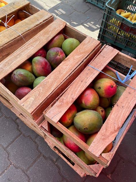 A collage showing fruit and vegetables for sale at the Etla market.