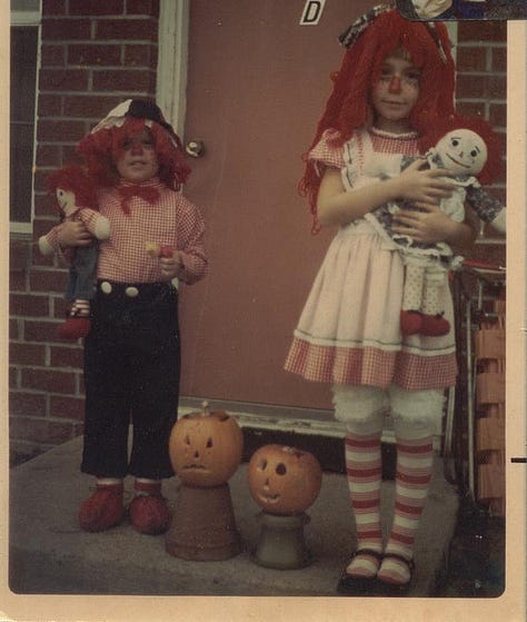 Old photographs of kids dressed in costumes for Halloween in the early 80's