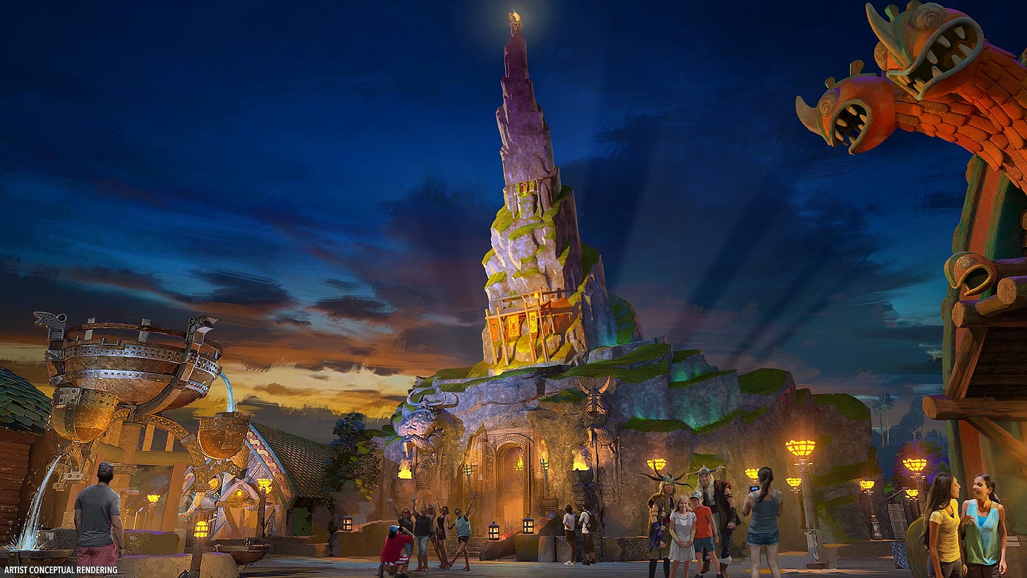 Mead Hall restaurant at night Isle of Berk Epic Universe