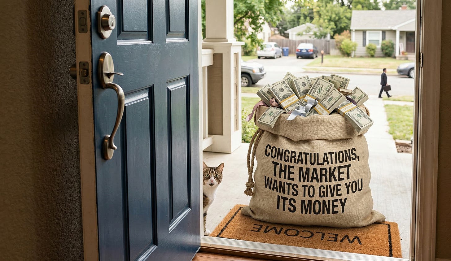 A massive bag of cash on a welcome mat with a cat looking on from behind an open door.