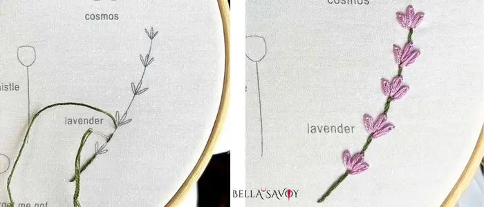 lavender flower template with stem stitch being added on left. finished lavender flower embroidery on the right