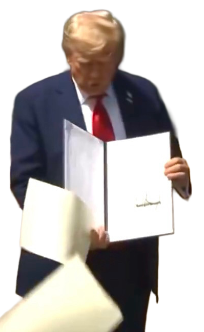 Image of the deranged president staring at a blank executive order with his autograph