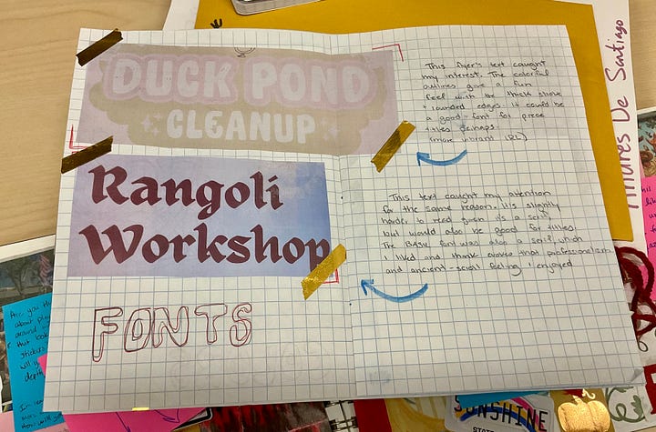 An assortment of scrapbooks of different design elements like colors, patterns, and text with student notes