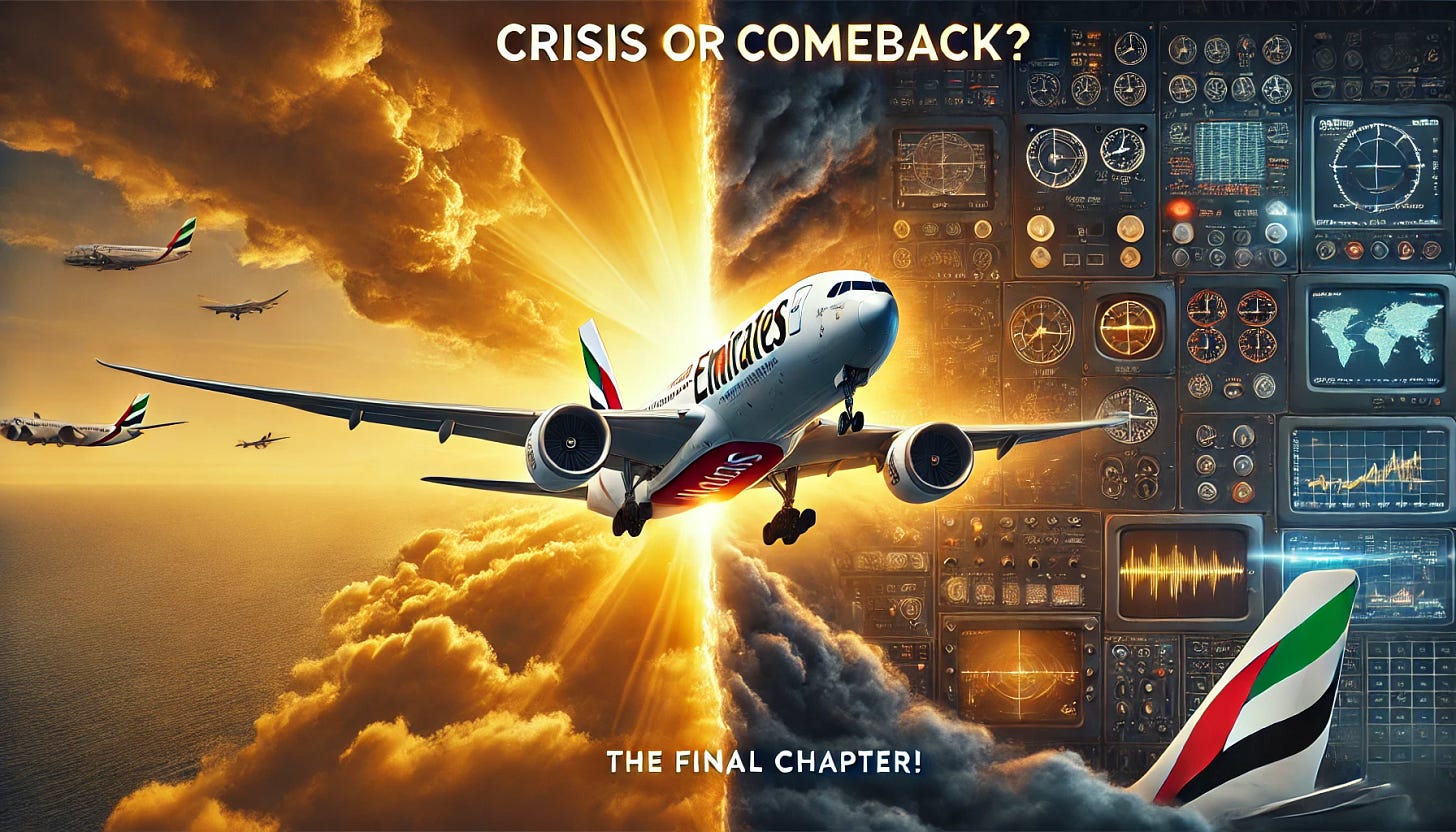 A dramatic split-image composition designed for a YouTube thumbnail (1280x720 resolution). On the left side, an Emirates plane soars high towards success under bright golden skies, symbolizing hope and achievement. The aircraft looks sleek and powerful. On the right side, an aircraft in distress, surrounded by dark storm clouds, with warning signs flashing on its control panels. The pilot inside looks tense and concerned, gripping the controls. The contrast between the two sides is stark, emphasizing the theme of crisis versus comeback. Bold text overlay: 'Crisis or Comeback?' in a dramatic font, with 'The Final Chapter!' positioned smaller but still attention-grabbing.