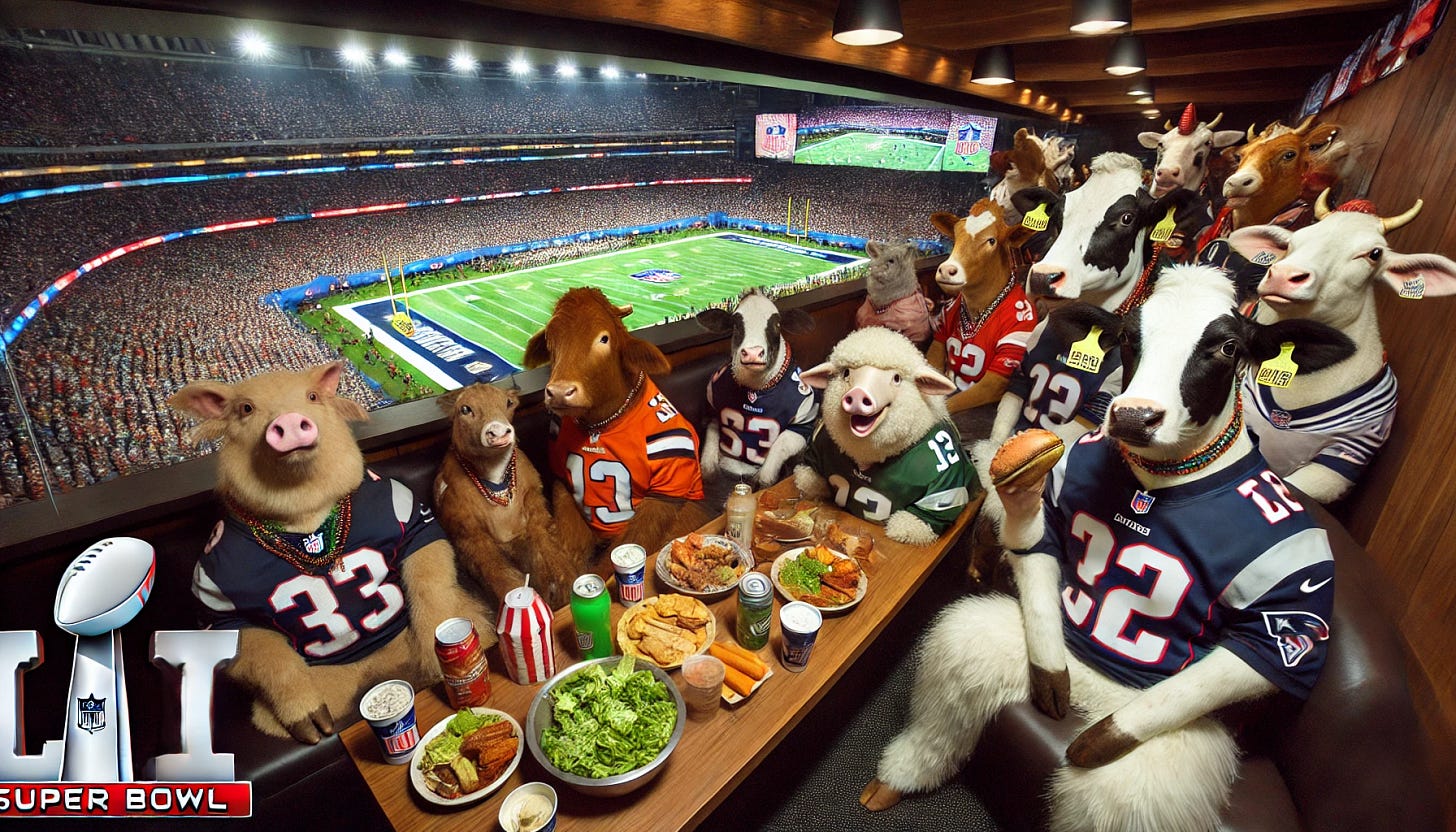 A luxury hospitality box at the Super Bowl filled with farm animals dressed as humans, watching the game. The farm animals, including cows, pigs, sheep, and chickens, are wearing football fan gear with team logos, cheering, eating snacks, and enjoying the atmosphere. The scene captures the excitement of the game with a view of the stadium, bright lights, and the field in the background. The hospitality box is decorated with banners, drinks, and food, creating a lively and festive atmosphere.