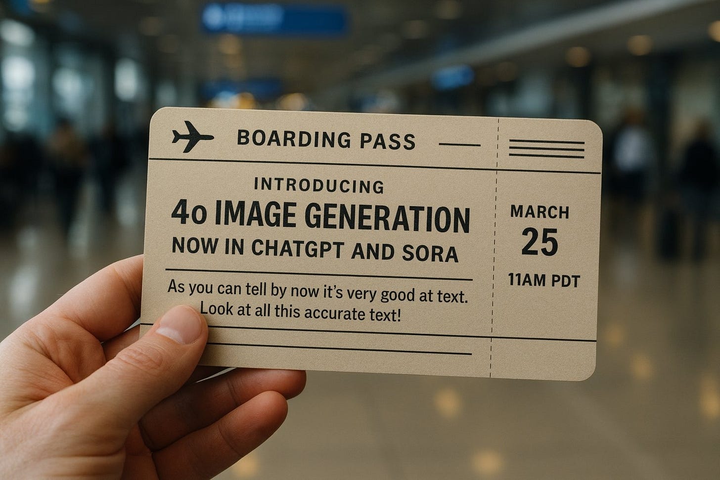 Pode ser uma imagem de mala, poster, terminal e a texto que diz "BOARDING PASS INTRODUCING 40 IMAGE GENERATION NOW IN AND SORA As you can tell by now it's very good at text. Look at Lookatallthis all this accurate text! MARCH 25 11AMPDT 11AM PDT"