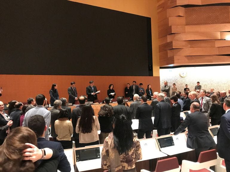 Delegates at a meeting on lethal autonomous weapons in the United Nations in Geneva, Switzerland, November 15, 2019. Delegates at a meeting on lethal autonomous weapons in the United Nations in Geneva, Switzerland, November 15, 2019.