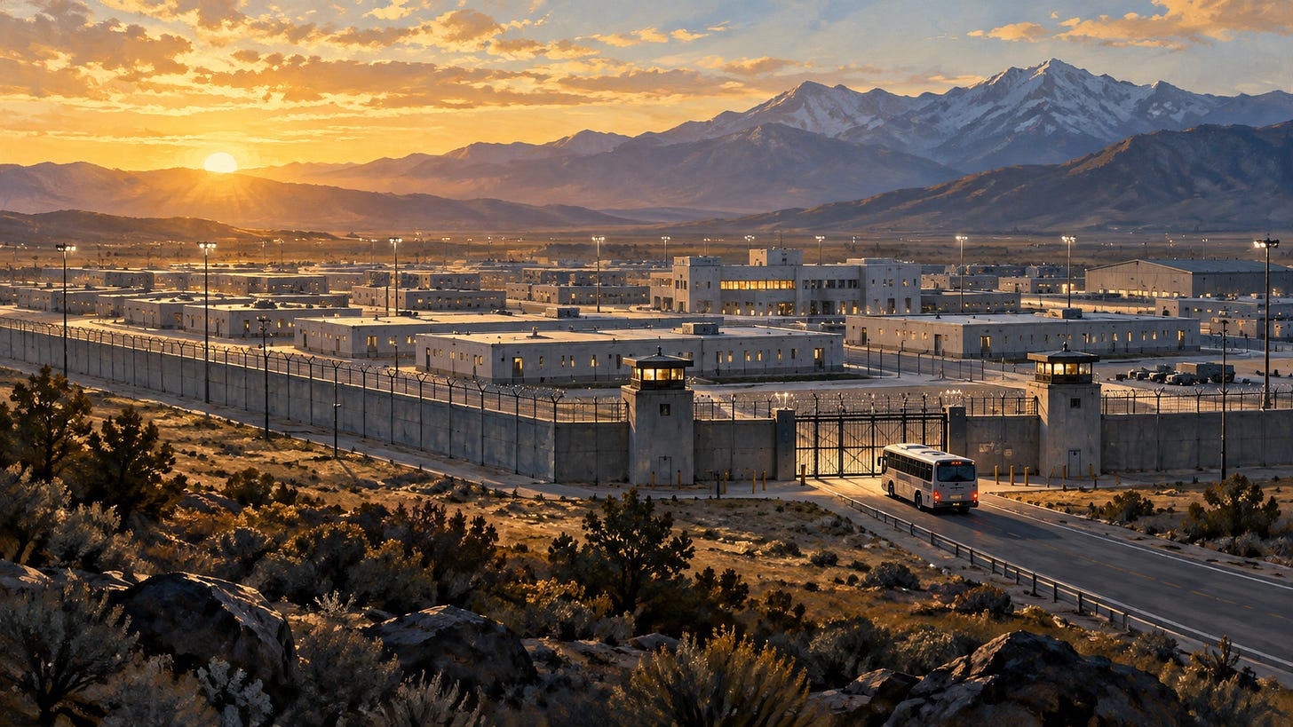 Illustration of an anonymous detention campus and transport bus at dawn.