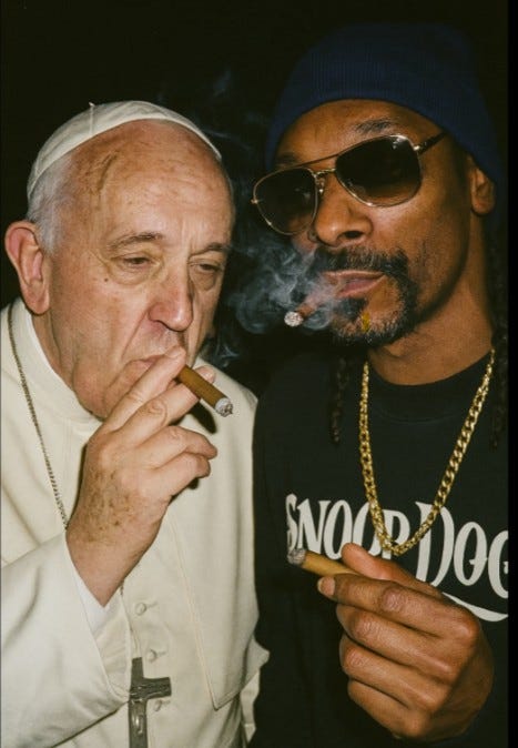 AI-generated image of Snoop Dogg and Pope Francis casually smoking cigars together. Created using ChatGPT’s GPT-4o image generator.