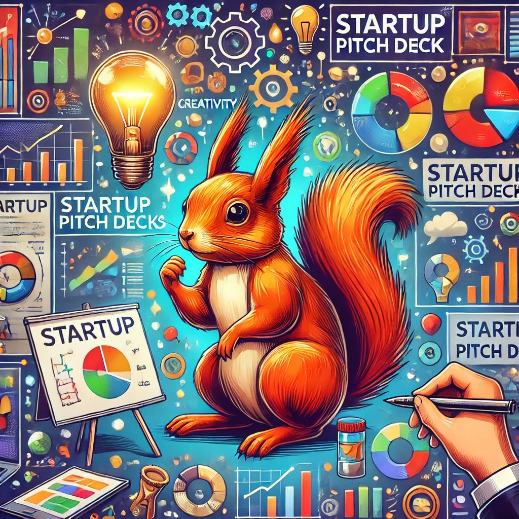 An illustration of a clever squirrel surrounded by startup pitch decks, showcasing creativity and inspiration with vibrant colors and dynamic design.
