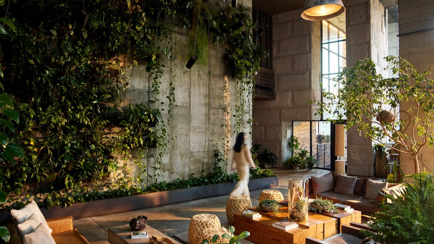 Lobby lounge at 1 Hotel Brooklyn Bridge with a living green wall, natural materials, layered seating, and sunlight filtering into the space.