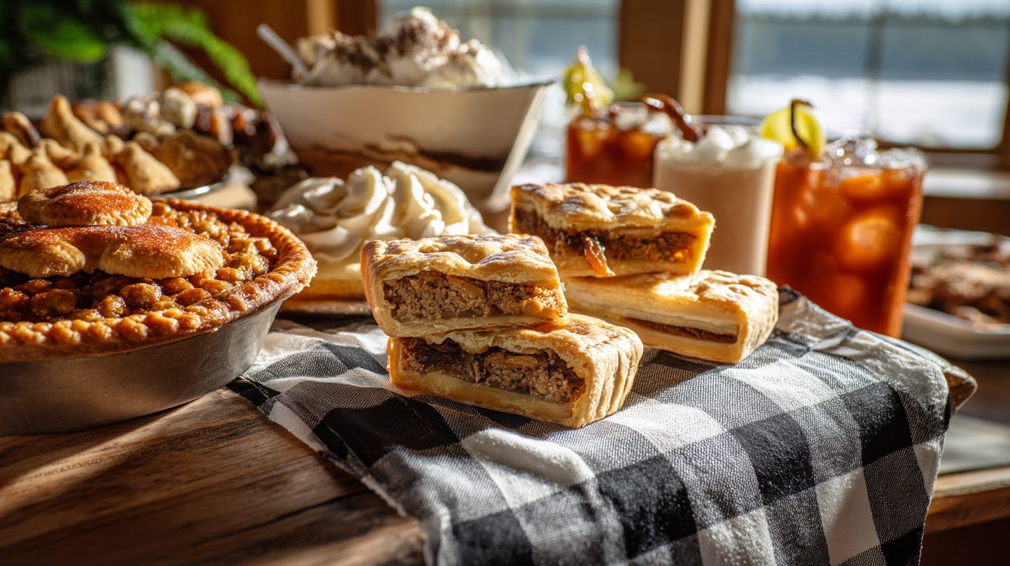 A rustic wooden table displaying a variety of iconic Canadian foods including butter tarts, tourtière, Nanaimo bars, ketchup chips, and BeaverTails with a Caesar drink. A rustic wooden table displaying a variety of iconic Canadian foods including butter tarts, tourtière, Nanaimo bars, ketchup chips, and BeaverTails with a Caesar drink.