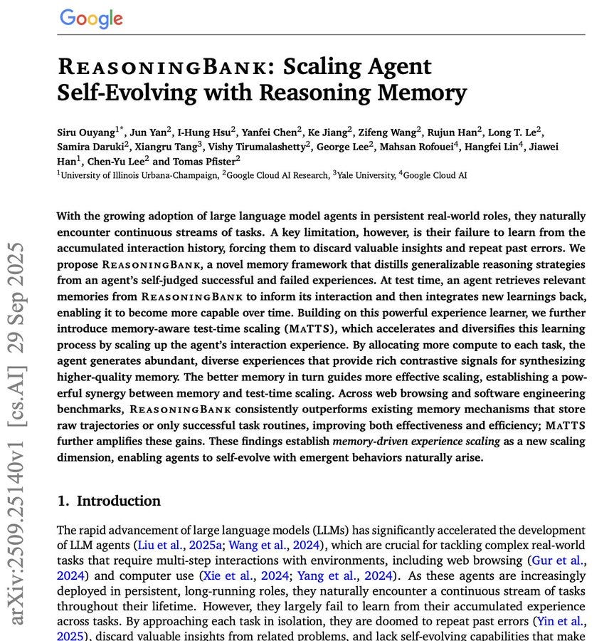 Academic paper titled Reasoning Bank: Scaling Agent Self-Evolution with Yuan Reasoning Memory by authors including Silu Huang, Jun Yan, Tianshi Zheng, Houyu Zhang, George Karypis, Yuhuai Wu from University of Illinois Urbana-Champaign and Google AI. Text discusses exploration of large language models acceleration in agent systems, introduction of ReasoningBank framework for memory using reasoning patterns, extraction of traces from interactions, MaTTS for processing memory-up interactions, improvements in efficiency and scaling.