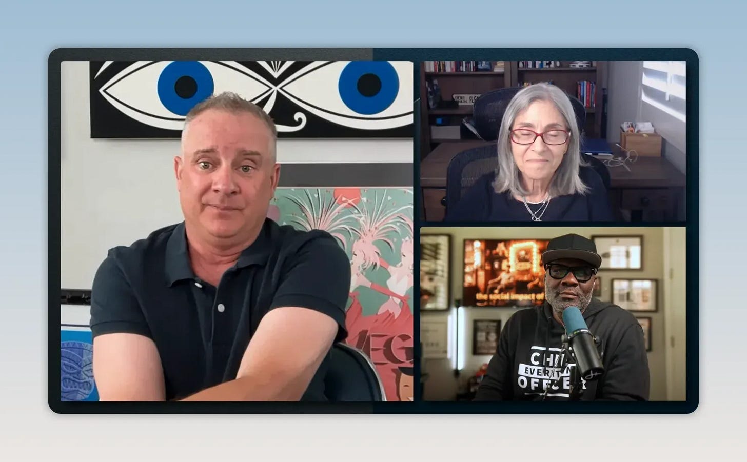 Video screenshot of two speakers discussing curiosity and networking concepts via a split-screen call