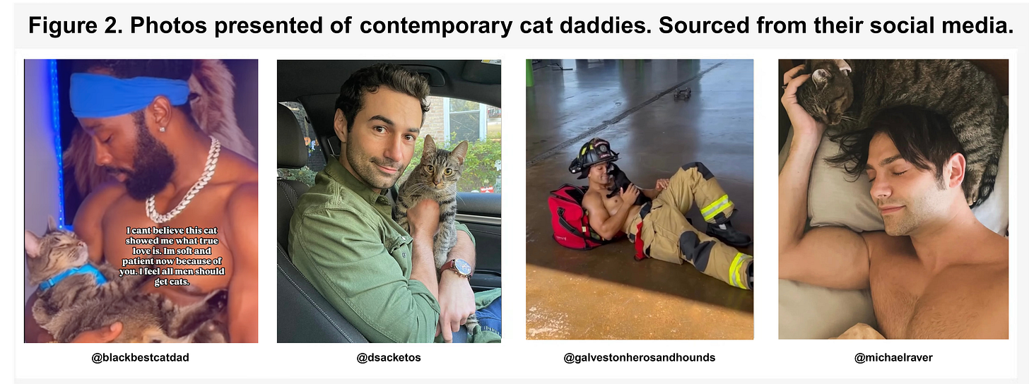 Four images of men affectionately interacting with their cats. The first shows a shirtless man in a blue headband holding a cat, with text that reads: “I can’t believe this cat showed me what true love is. I’m soft and patient now because of you. I feel all men should get cats.” The second image features a man in a green shirt holding a tabby cat in a car. The third shows a shirtless firefighter sitting on the floor with a small black kitten in his lap. The fourth image shows a man sleeping peacefully with a tabby cat curled up on his head and hand.