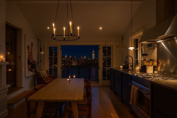 This may contain: a kitchen with a table and chairs in front of a window overlooking the city at night