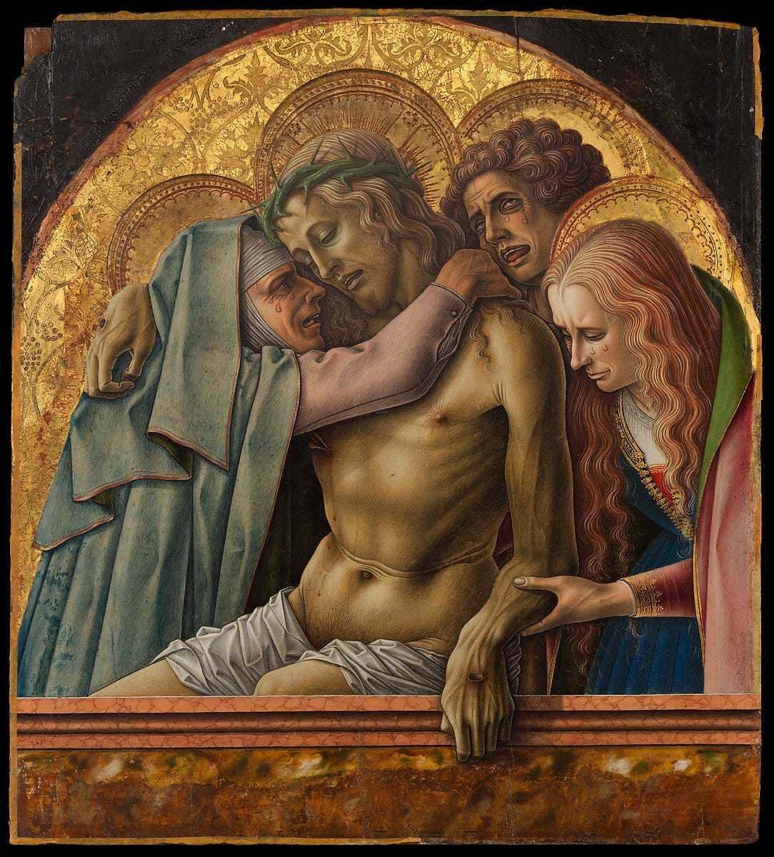 Pietà, Carlo Crivelli (Italian, Venice (?), active by 1457–died 1494/95 Ascoli Piceno), Tempera on wood, gold ground Pietà, Carlo Crivelli (Italian, Venice (?), active by 1457–died 1494/95 Ascoli Piceno), Tempera on wood, gold ground