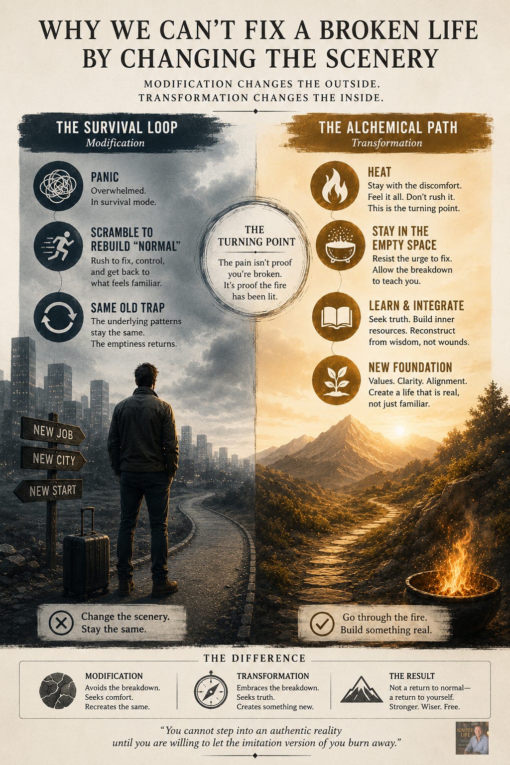 Infographic for “Why We Can’t Fix a Broken Life by Changing the Scenery” comparing the survival loop of external modification with the alchemical path of deep internal transformation, emotional resilience, and rebuilding identity through adversity. Infographic for “Why We Can’t Fix a Broken Life by Changing the Scenery” comparing the survival loop of external modification with the alchemical path of deep internal transformation, emotional resilience, and rebuilding identity through adversity.