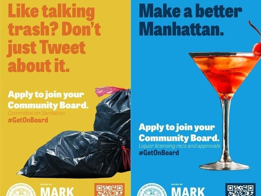 An image of two new advertisements from Manhattan Borough President Mark Levine pushing people to join their community boards. An image of two new advertisements from Manhattan Borough President Mark Levine pushing people to join their community boards.