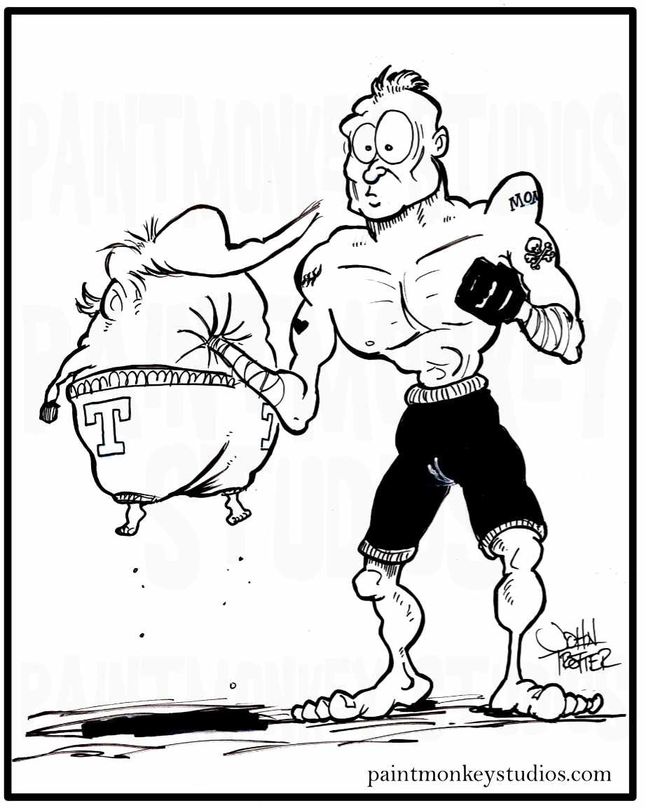 Cartoon of a UFC fighter with his hand implanted into the face of what appears to be trump. Cartoon of a UFC fighter with his hand implanted into the face of what appears to be trump.