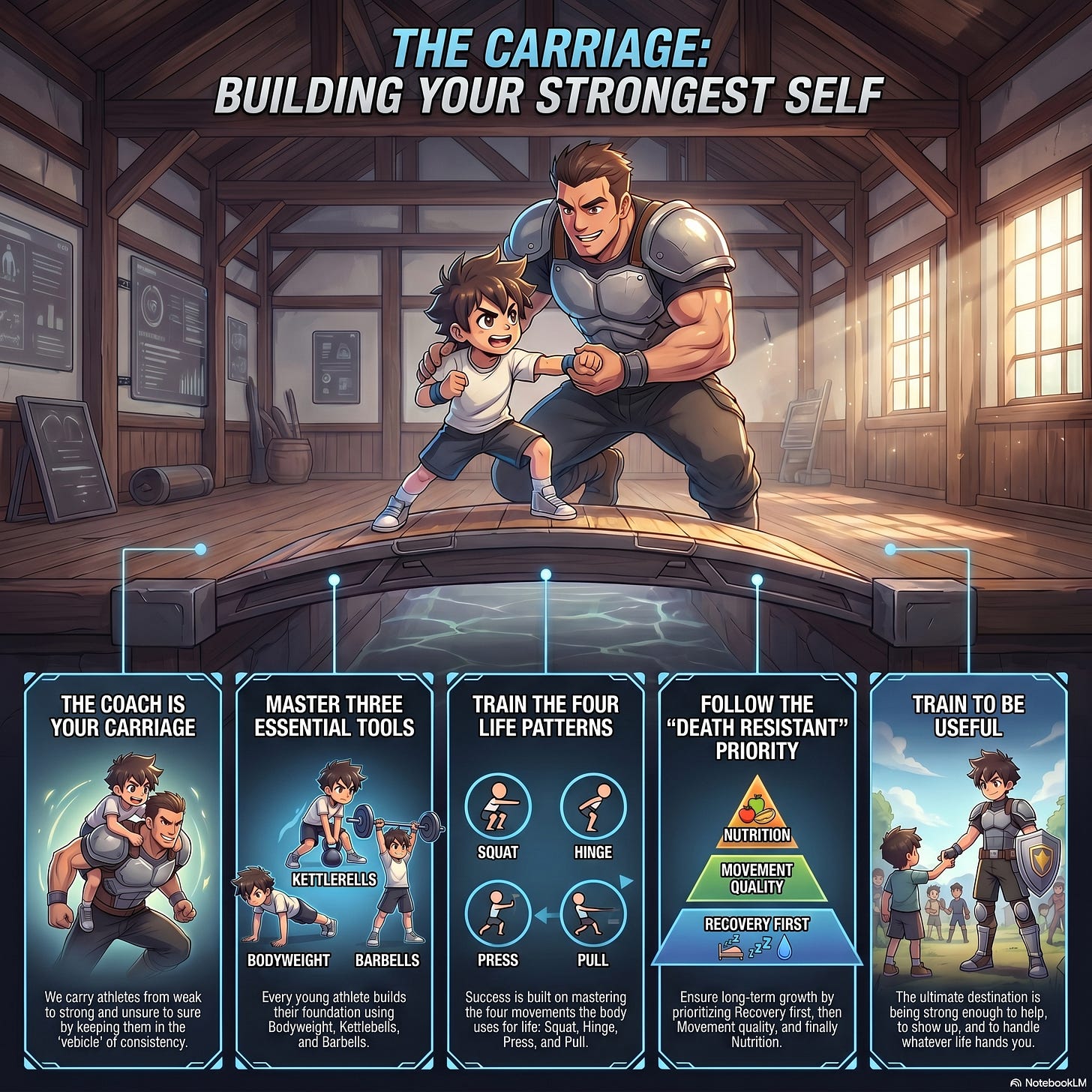 Mighty Oak Athletic infographic titled "The Carriage: Building Your Strongest Self," showing an armored coach guiding a young athlete, with five panels: the coach as the carriage, three training tools (bodyweight, kettlebells, barbells), the four life movement patterns (squat, hinge, press, pull), the Death Resistant priority pyramid (recovery, movement, nutrition), and training to be strong and useful.