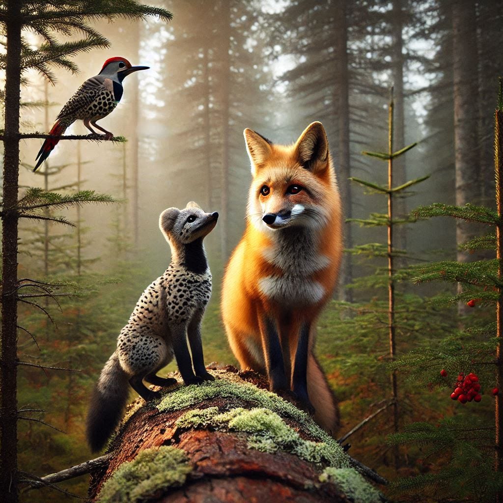 northern flicker and red fox in the north woods