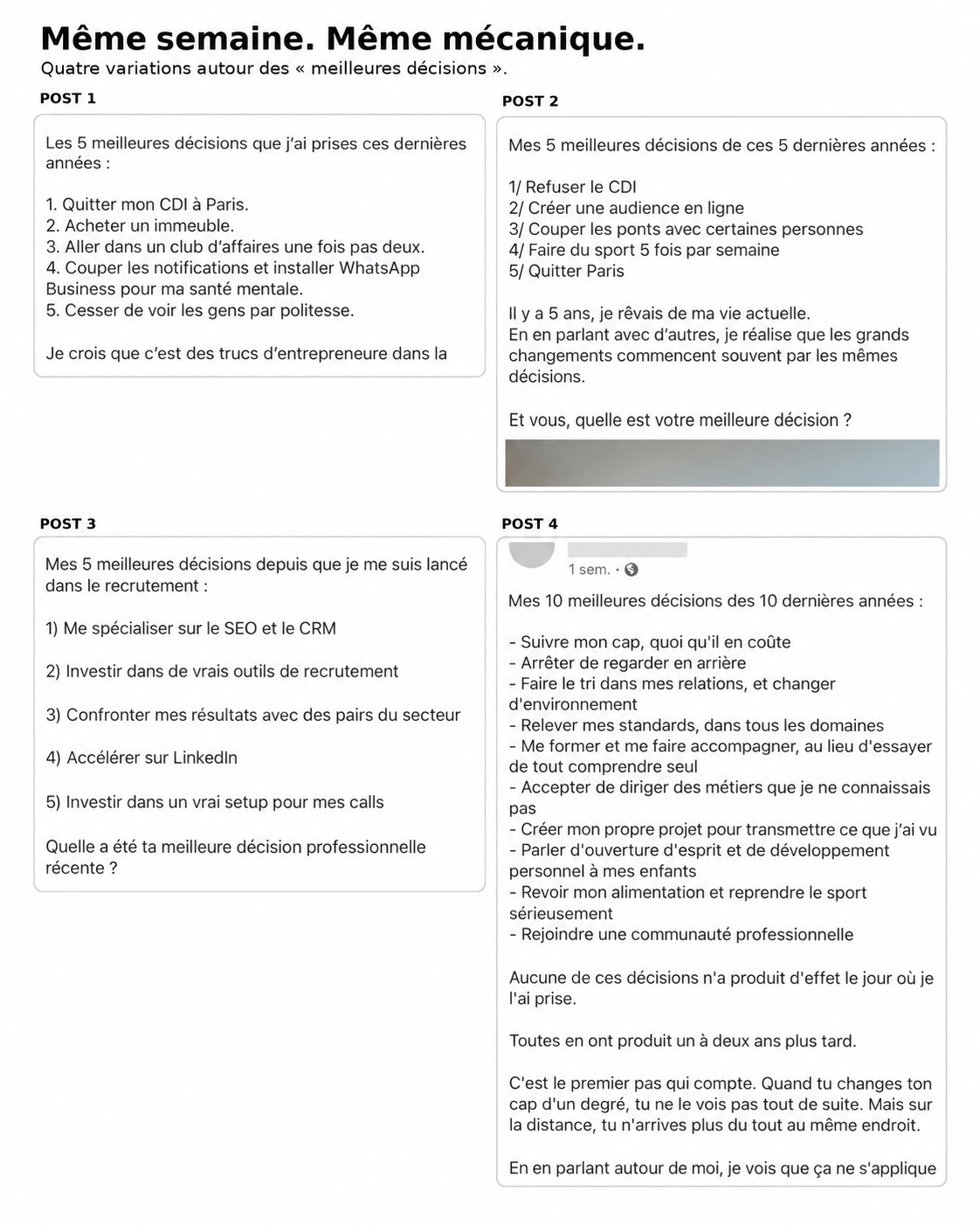 Quatre posts LinkedIn publiés la même semaine sur le thème des habitudes bizarres, avec la même accroche et la même liste à puces » / « Quatre posts LinkedIn publiés la même semaine qui listent les meilleures décisions de leur auteur, avec la même structure