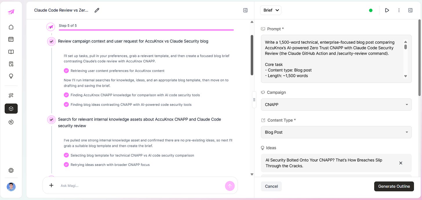 Magi content generation UI showing a blog brief for CNAPP with prompt, campaign, content type, and ideas fields filled Magi content generation UI showing a blog brief for CNAPP with prompt, campaign, content type, and ideas fields filled