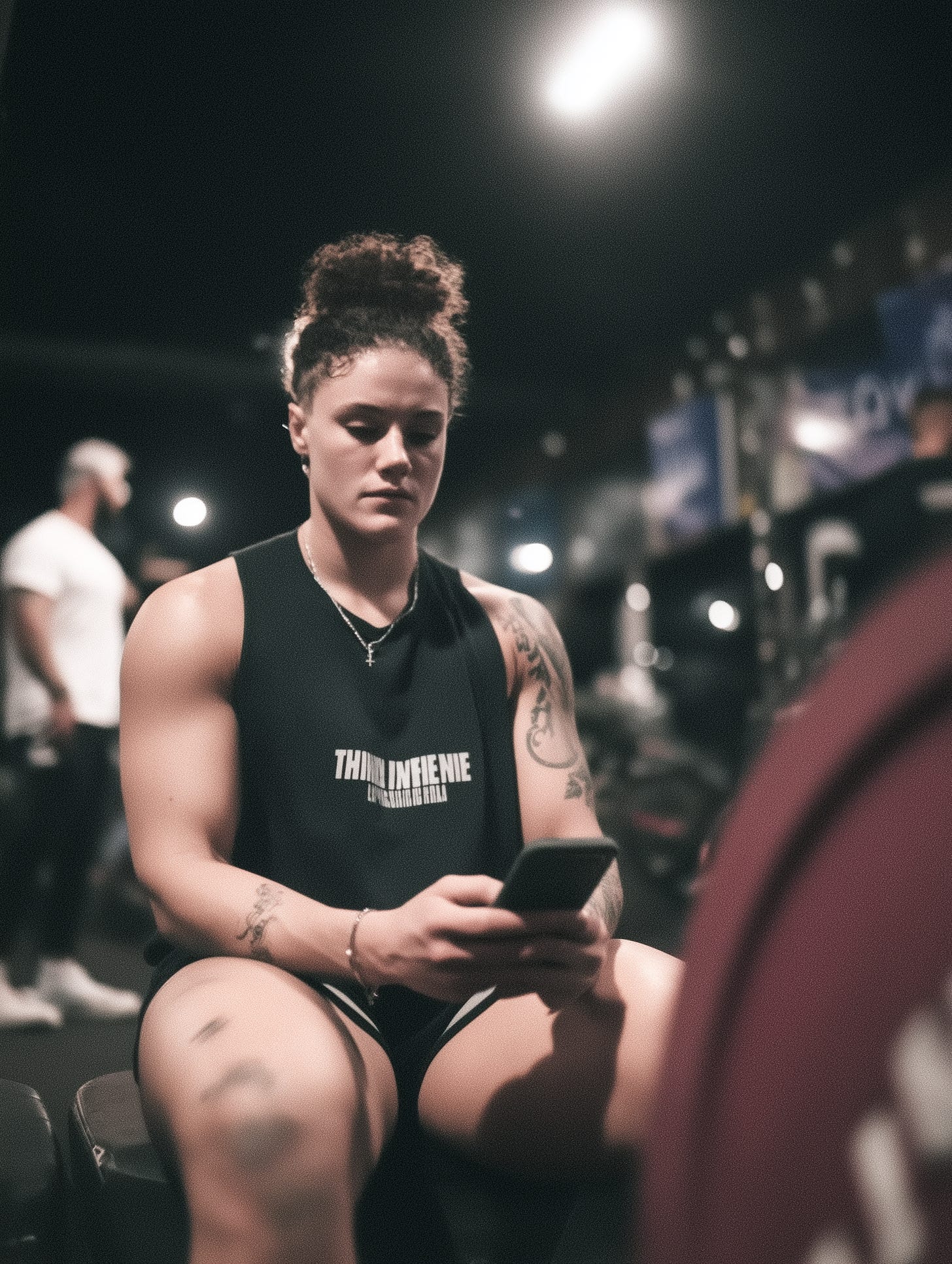 Strong woman checking phone and resting between heavy sets in training.