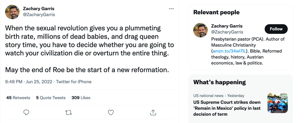 When the sexual revolution gives you a plummeting birth rate, millions of dead babies, and drag queen story time, you have to decide whether you are going to watch your civilization die or overturn the entire thing. May the end of Roe be the start of a new reformation. When the sexual revolution gives you a plummeting birth rate, millions of dead babies, and drag queen story time, you have to decide whether you are going to watch your civilization die or overturn the entire thing. May the end of Roe be the start of a new reformation.