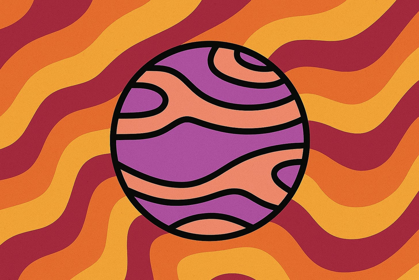 A stylized Planet Nude logo floats at the center of a psychedelic background made up of flowing red, orange, and yellow wavy bands. The planet features bold black contour lines and contrasting sections of purple and peach tones. The overall design evokes a retro, 1970s visual style.