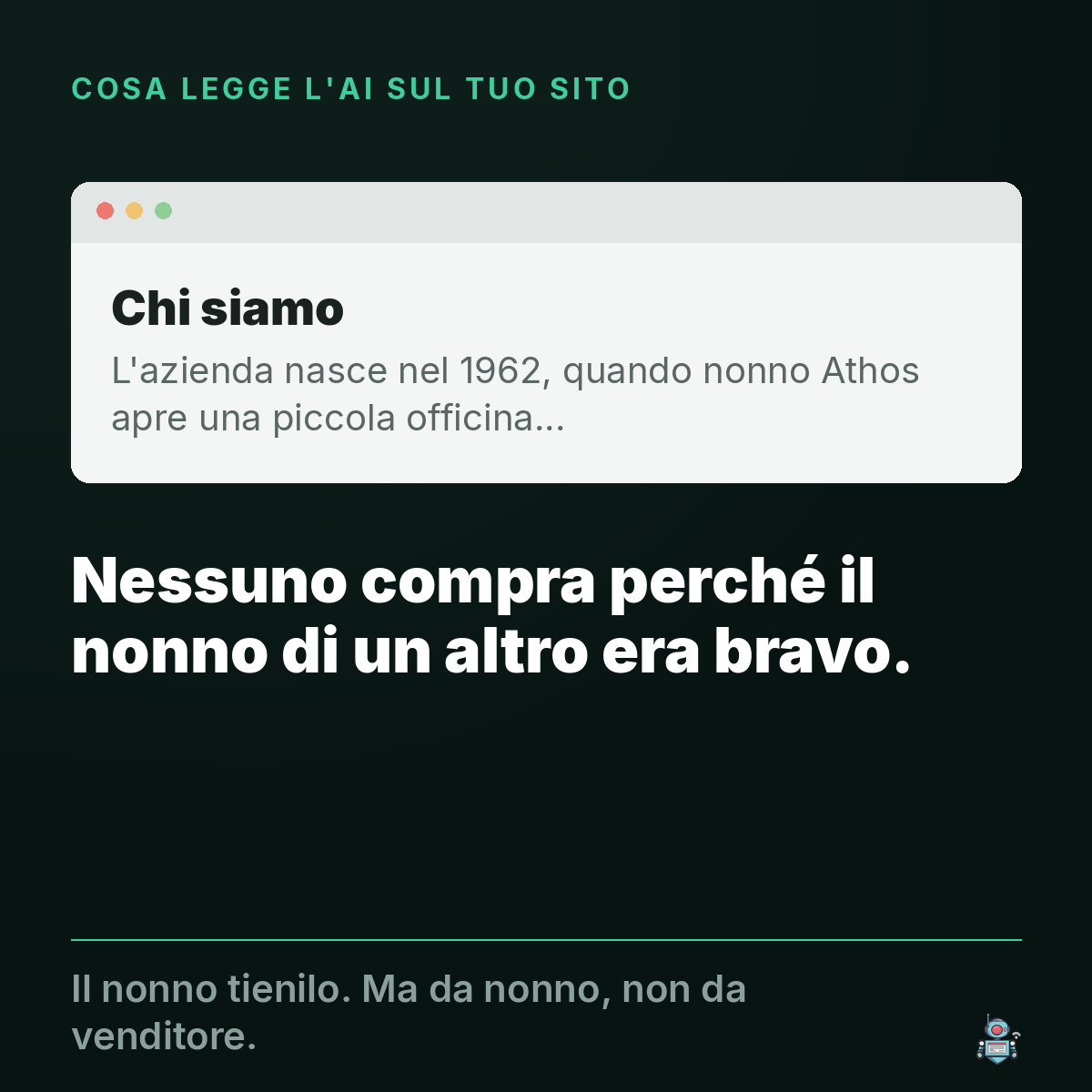 Pagina Chi siamo con la storia del 1962: nessuno compra perché il nonno di un altro era bravo Pagina Chi siamo con la storia del 1962: nessuno compra perché il nonno di un altro era bravo