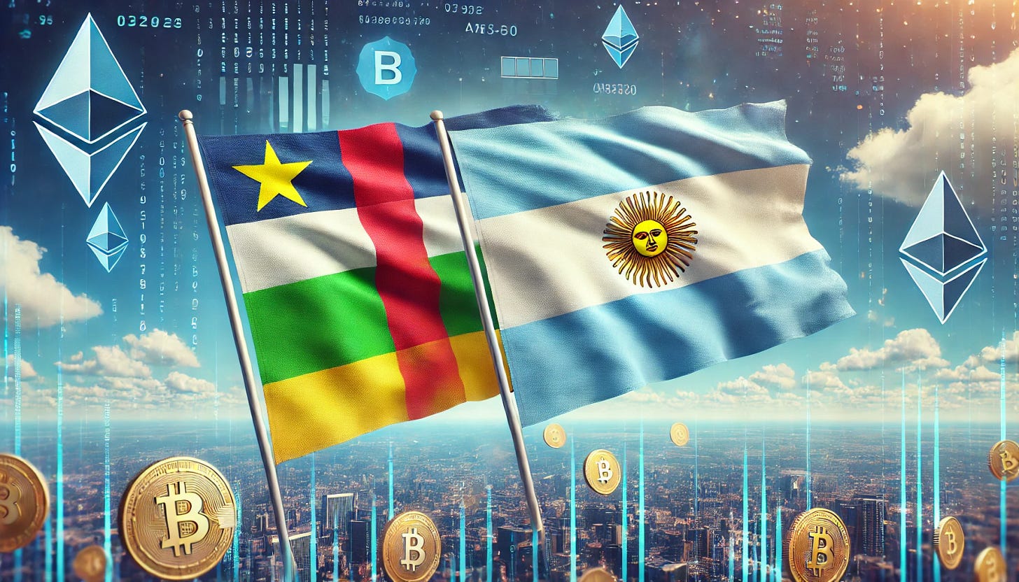 A high-quality digital rendering of the Central African Republic flag and the Argentina flag, side by side, waving in the wind against a bright blue sky with scattered clouds. The Central African Republic flag features four horizontal stripes (blue, white, green, and yellow) with a vertical red stripe in the center and a yellow star in the upper left corner. The Argentina flag consists of three horizontal stripes (light blue, white, and light blue) with a golden sun with a face in the center. Both flags have realistic fabric texture and lighting effects. The flags are not merging together. In the foreground, digital cryptocurrency symbols like Bitcoin, Ethereum, and blockchain elements float, representing digital technology. The image is landscape oriented.