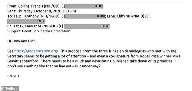 An email from NIH Director Francis Collins telling Anthony Fauci that there needed to be a 'devastating published take down' of the Great Barrington Declaration