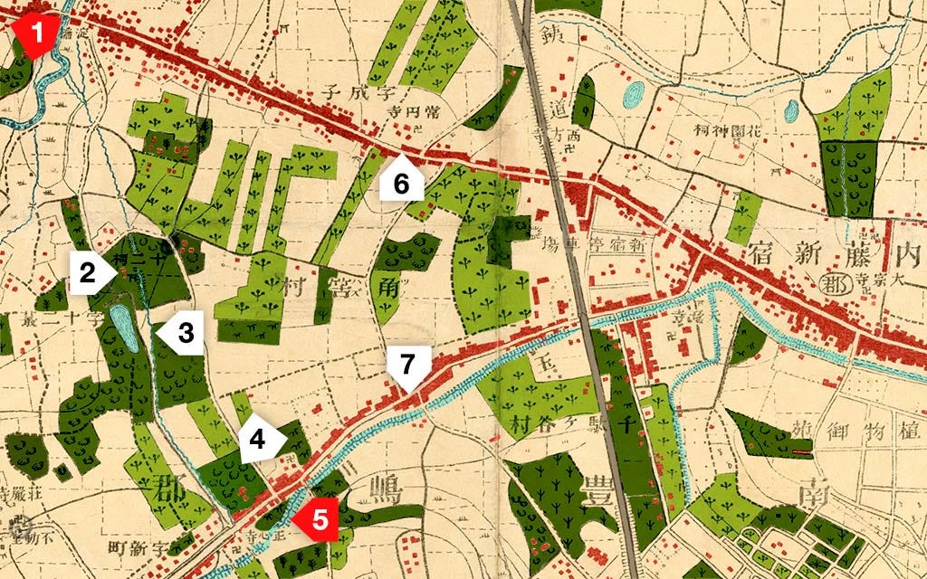 Colored map of Shinjuku in 1894 (Meiji 27) Colored map of Shinjuku in 1894 (Meiji 27)