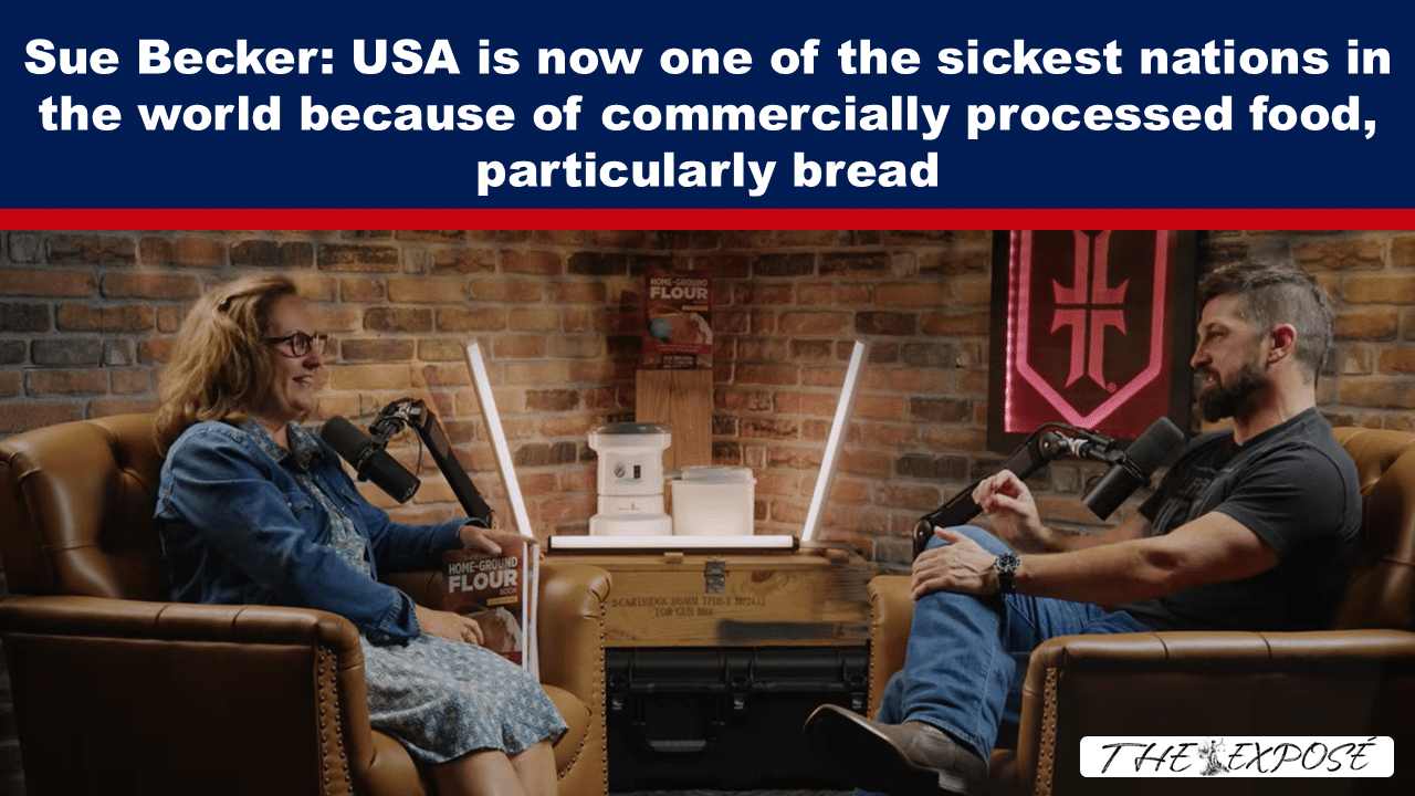 Two podcast hosts sit in leather chairs in a brick-walled studio, speaking into microphones under a bold headline banner about Sue Becker and processed bread. Two podcast hosts sit in leather chairs in a brick-walled studio, speaking into microphones under a bold headline banner about Sue Becker and processed bread.