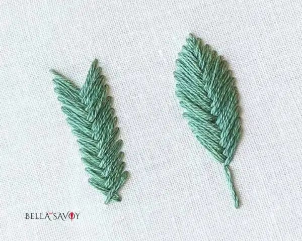 Fishbone stitch in green creating fletching and a leaf