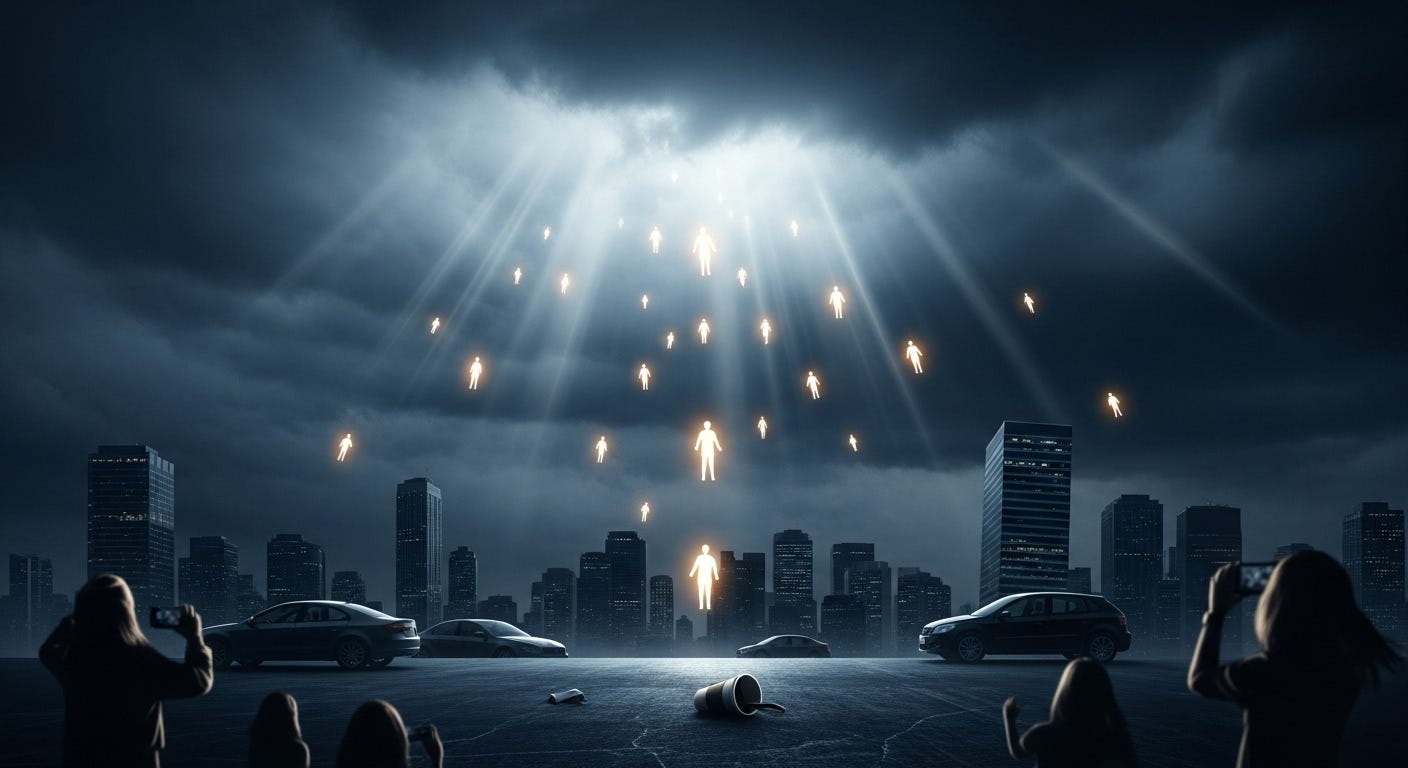 Illustration of people vanishing into the sky above a city, symbolizing the Christian concept of the Rapture.