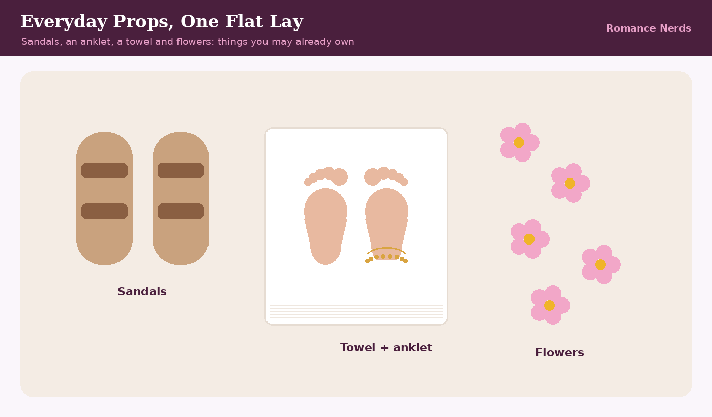Illustrated flat lay of sandals, feet with an anklet on a white towel, and flowers. Illustrated flat lay of sandals, feet with an anklet on a white towel, and flowers.