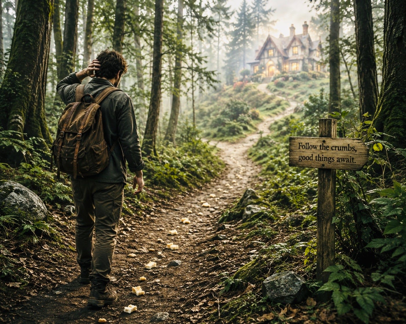 Lost man following a trail of breadcrumbs along a forest path leading to a house in the distance