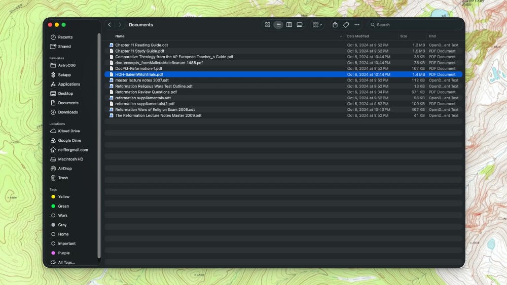 A macOS Finder window showing the organized Chapter 4 Documents folder. Files include a reading guide, a study guide, Reformation test outlines and review questions, Malleus Maleficarum excerpts, a Salem witch trials handout, and two “reformation supplimentals” files, one of them misspelled. A macOS Finder window showing the organized Chapter 4 Documents folder. Files include a reading guide, a study guide, Reformation test outlines and review questions, Malleus Maleficarum excerpts, a Salem witch trials handout, and two “reformation supplimentals” files, one of them misspelled.