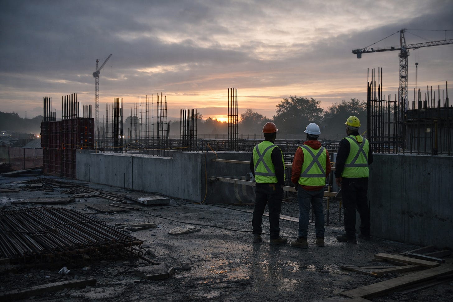 Wide view of Canadian construction workers at an early morning infrastructure site, standing beside unfinished concrete and steel as daylight begins to rise under an overcast sky.