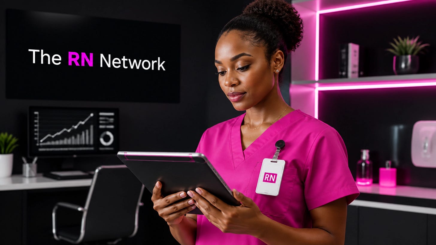 Registered nurse in pink scrubs using a tablet in a specialty clinic