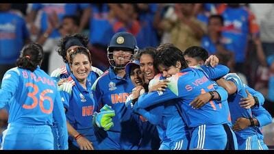 India’s players celebrate after winning the ICC Women's World Cup final against South Africa, at the DY Patil Stadium, in Navi Mumbai on Sunday. (PTI)