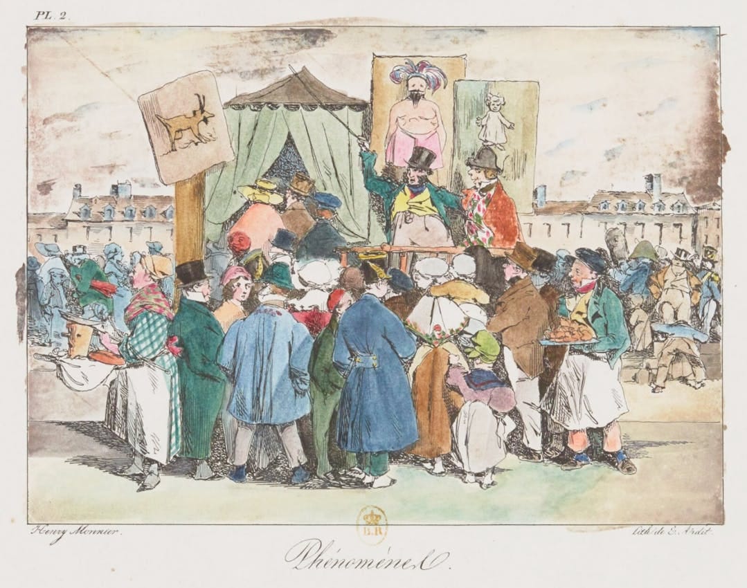 Colourful 19th-century illustration depicting a bustling outdoor show with a crowd of onlookers in period attire. The surrounding architecture suggests a European city square. Colourful 19th-century illustration depicting a bustling outdoor show with a crowd of onlookers in period attire. The surrounding architecture suggests a European city square.